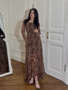 迪拜新款雪纺豹纹荷叶袖气质拼接不规则连衣裙 Chiffon Dress