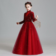 大码红色礼服公主裙女大童蓬蓬纱花童生日，小女孩主持人钢琴演出服