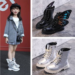 2024韩版儿童马丁靴银色女童，靴子时尚翅膀靴，男童短靴学生表演单靴