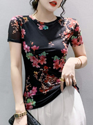 夏季网纱短袖t恤女修身弹力圆领上衣，时髦花色蕾丝洋气小衫薄