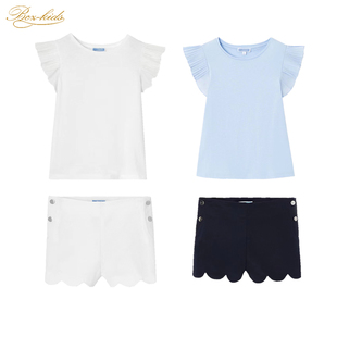 jacadi 夏季女童套装 法国纯棉薄款纯色花边 短袖 T恤+短裤