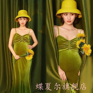 时尚清新孕妇照摄影服装影楼孕妈咪唯美绿色吊带连衣裙拍照服装