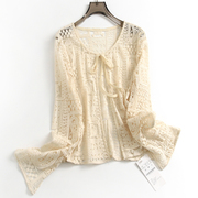 纯色薄款镂空冰感圆领系带外搭短款开衫上衣长袖女罩衫蕾丝衫A101