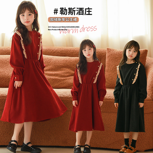 2023冬装韩版女童装纯棉，加绒连衣裙红色公主裙长裙，新年裙中大童