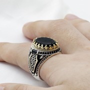 欧美个性复古双色男戒外贸黑色，玛瑙黑宝石，戒指男珠宝指环