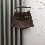 咖啡色高腰牛仔短裤裙女2024年夏季时尚假两件设计感A字阔腿热裤