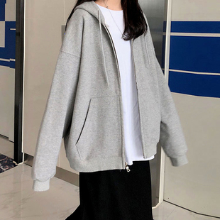秋季灰色卫衣女2023韩版时尚开衫连帽外套学生宽松运动上衣服