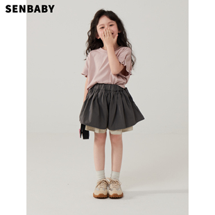 senbaby女童短袖t恤儿童夏装，套装中大童韩版粉色上衣+休闲短裤裙