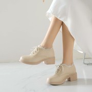 2023春韩版蕾丝系带小皮鞋，厚底粗跟女鞋子，防水台高跟鞋单鞋女