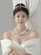 。韩式婚纱王冠婚礼，珍珠新娘头饰，三件套高级感发箍2023仙
