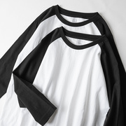 250g重磅美式咔叽纯棉圆领七分袖，t恤黑白撞色宽松落肩袖上衣男女t