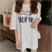 露肩字母印花下身失踪t恤女2023夏季韩版设计感小众短袖ins潮
