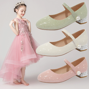 2024春秋季女童高跟鞋小女孩公主鞋绿色演出单鞋儿童水晶鞋子