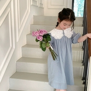 夏季童装女童法式复古大花边领提花公主连衣裙子娃娃领
