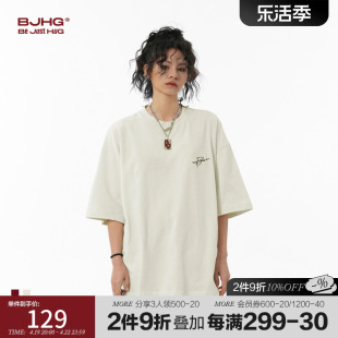 bjhg不计后果夏美式(夏美式)复古重磅，短袖酒红色，t恤女潮情侣纯棉半袖体恤