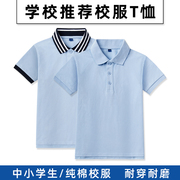 儿童短袖t恤夏季浅蓝男童，polo衫运动裤，中大童小学生定制校服套装