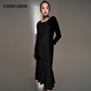 香莎CHANSARR 复古优雅黑色羊毛连衣裙 氛围感 气质圆领荷叶边裙