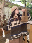 大码女装森系复古学生宽松针织开衫外套+衬衫，两件套秋季胖mm套装