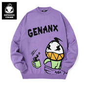 genanx闪电潮牌香芋紫毛衣，男女同款卡通，提花秋冬圆领针织衫男