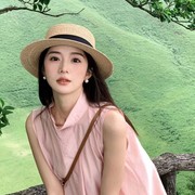 夏季草帽女平檐遮阳帽女款时尚防晒帽子女士草编法式平顶太阳帽子