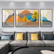 现代简约客厅装饰画大气，轻奢三联山水晶瓷壁画，沙发后面背景墙挂画