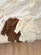 韩版秋冬款婴幼儿纯色针织毛衣套装男女宝宝时尚上衣毛线裤两件套