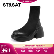 星期六瘦瘦靴女2023冬粗跟厚底，气质短靴高跟，弹力靴ss34116516