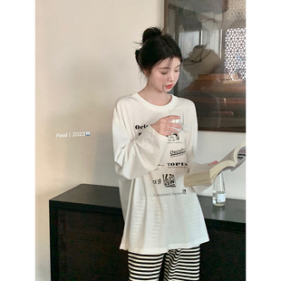 范智乔美式复古t恤夏季女圆领印花设计感宽松小众防晒长袖上衣