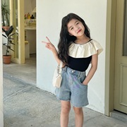韩系2023女童夏季黑色棉质荷叶，领无袖上衣潮范t恤+儿童牛仔宽松短
