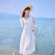 白色真丝连衣裙女桑，蚕丝刺绣花气质长袖，中长裙度假沙滩