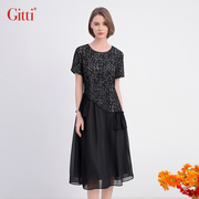 Gitti/吉蒂圆领花边拼接收腰显瘦裙子棉蕾丝雪纺连衣裙G231467