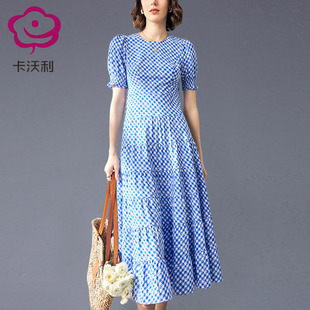 卡沃利蓝白格子气质收腰连衣裙女2024夏设计感短袖高个子长裙