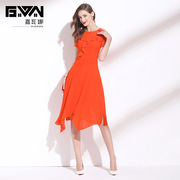 雪纺连衣裙2023春夏款短袖气质收腰橙色设计感不规则裙子夏季