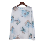 外贸春夏季花色网纱镂空性感长袖T恤套头印花圆领蕾丝衫上衣花卉