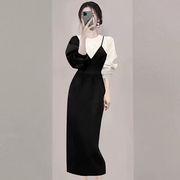 设计感小众假两件拼色连衣裙2024春季女装，洋气高级感黑白裙子