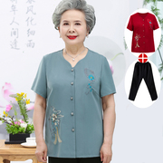 中老年人短袖衬衫女奶奶，雪纺上衣妈妈，装夏装衬衣套装老人衣服