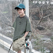 2024男童夏季绿条纹t恤休闲慵懒韩版短袖