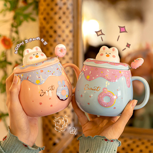 可爱兔子马克杯带盖勺女生高颜值儿童喝水杯2022家用陶瓷杯子