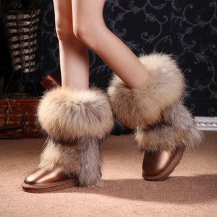 狐狸貉子毛雪地(毛雪地)靴女2023冬季棉鞋，中筒加厚绒保暖女士皮面防水