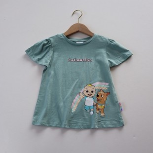 夏季1-7岁女童可爱卡通印花短袖t恤纯棉，a字型飞袖上衣