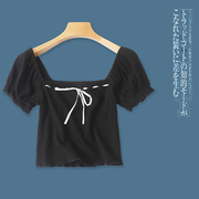 短款T恤 夏季新外贸女装时尚一字领撞色系带泡泡短袖套头T恤28743