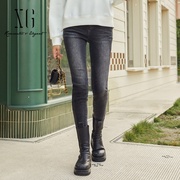 XG雪歌深灰色修身小脚牛仔裤女2022冬季时尚紧身水洗高腰裤子