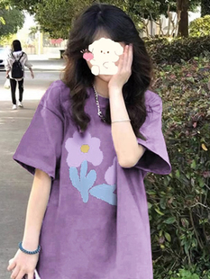 复古紫色t恤短袖显瘦大码女装胖mm纯棉，ins潮独特夏季百搭炸街上衣