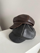 画家帽做旧日系女士鸭舌帽八角帽报童帽秋冬皮质咖色黑色美式显瘦
