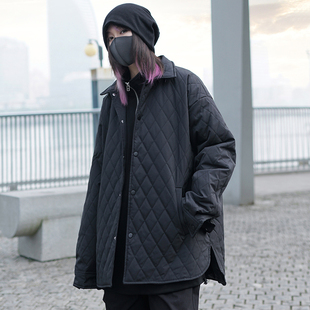 复古菱形格绗缝夹棉外套，黑色菱格教练夹克，棉服冬季中性风女装穿搭