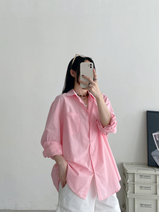 sun柚 粉色衬衫女长袖上衣衬衣外套白色蓝色春夏款2024设计感
