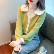 春秋韩版修身娃娃领长袖雪纺，衬衫女法式撞色上衣设计感高级感小衫