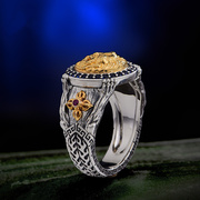 s925纯银狮头戒指金刚，杵做旧镶石镀金复古戒指藏式民族风