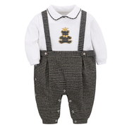 婴儿连体衣秋季长袖一周岁男宝宝，衣服帅气假两件背带哈衣小熊