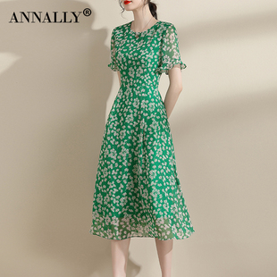 Annally夏季气质淑女修身大摆中长款绿色雪纺印花连衣裙